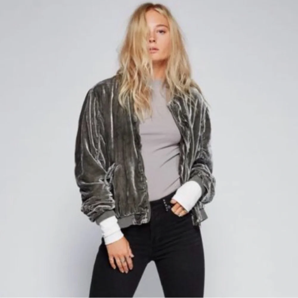 Free People Gray Ruched Velvet Bomber Jacket - Picture 2 of 7